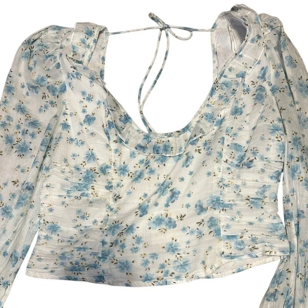 Free People Ivory Combo Floral Puff Sleeve Crop Blouse NWT Large Cottagecore